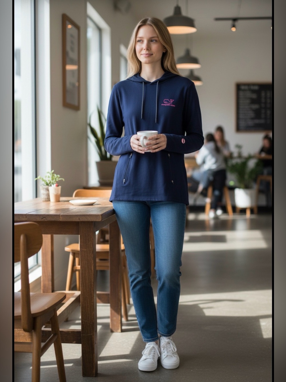 Vineyard Vines Women's Blue Hoodie with Pink Logo